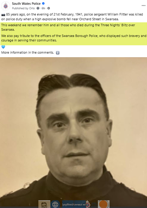 Police Sergeant William Flitter Three Nights Blitz over Swansea